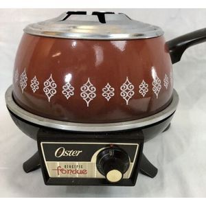 Vintage 70’s Oster Electric Fondue pot  Flame Red with Hot Plate w/ 7 Forks